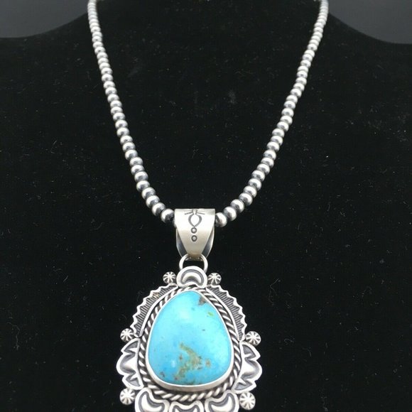 Navajo Sterling Silver Blue Necklace Pendant Ln 20 - Picture 5 of 12